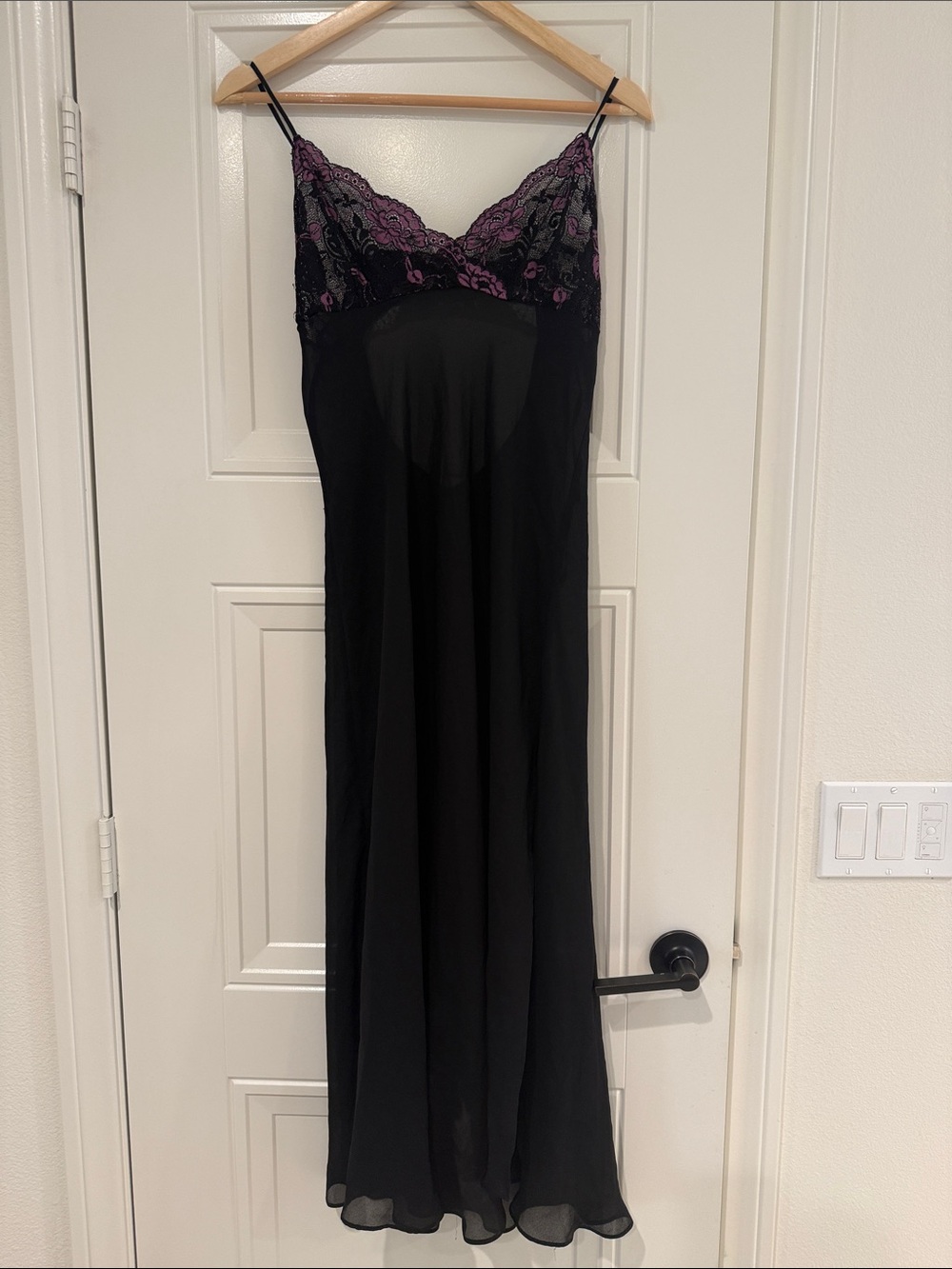 Black Lace-Trim Long Slip Nightgown with Purple Accents